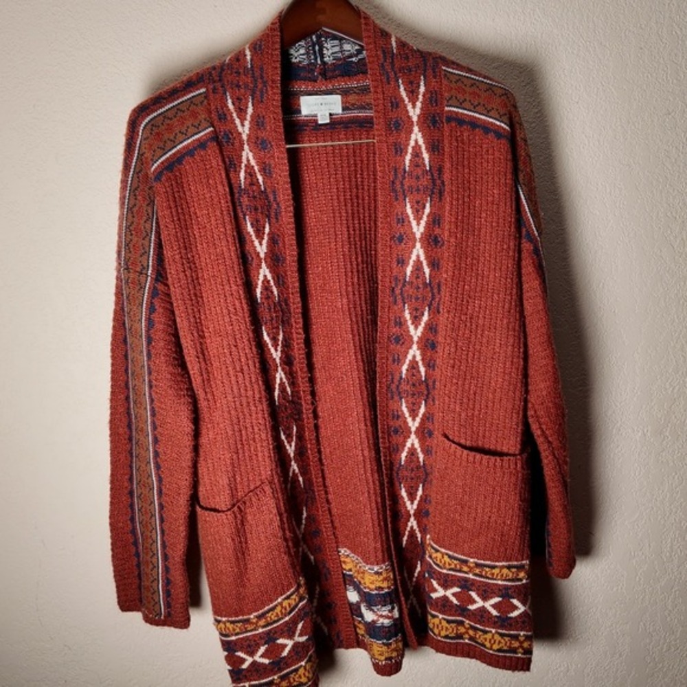 Lucky Brand Rust Aztec Southwest Boho Cardigan Sweater M - Picture 1 of 8